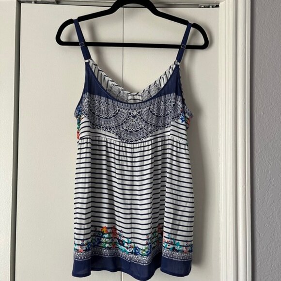 Cabi Tank Top Striped Floral Print Sleeveless Casual Blue White L - Picture 2 of 4